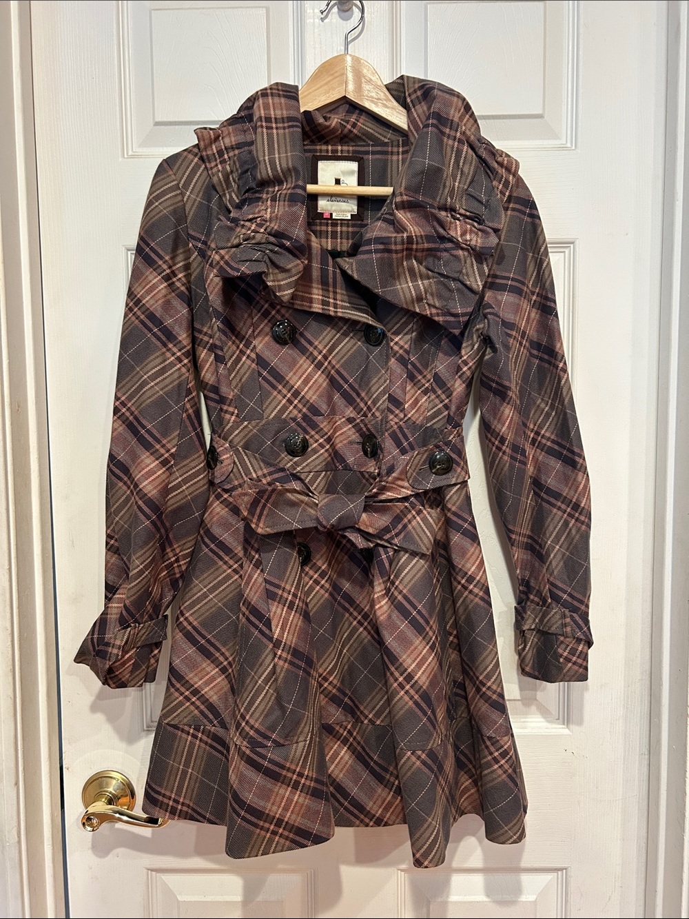 Anthropologie elevenses Brown Pink Plaid Ruffle Trench Dress